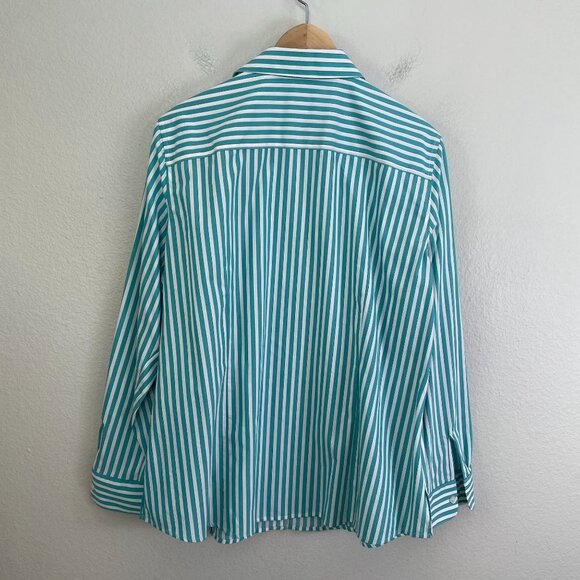 Foxcroft Womens XL Wrinkle Free Turquoise White Striped Button Up Shirt Blouse - Picture 10 of 10